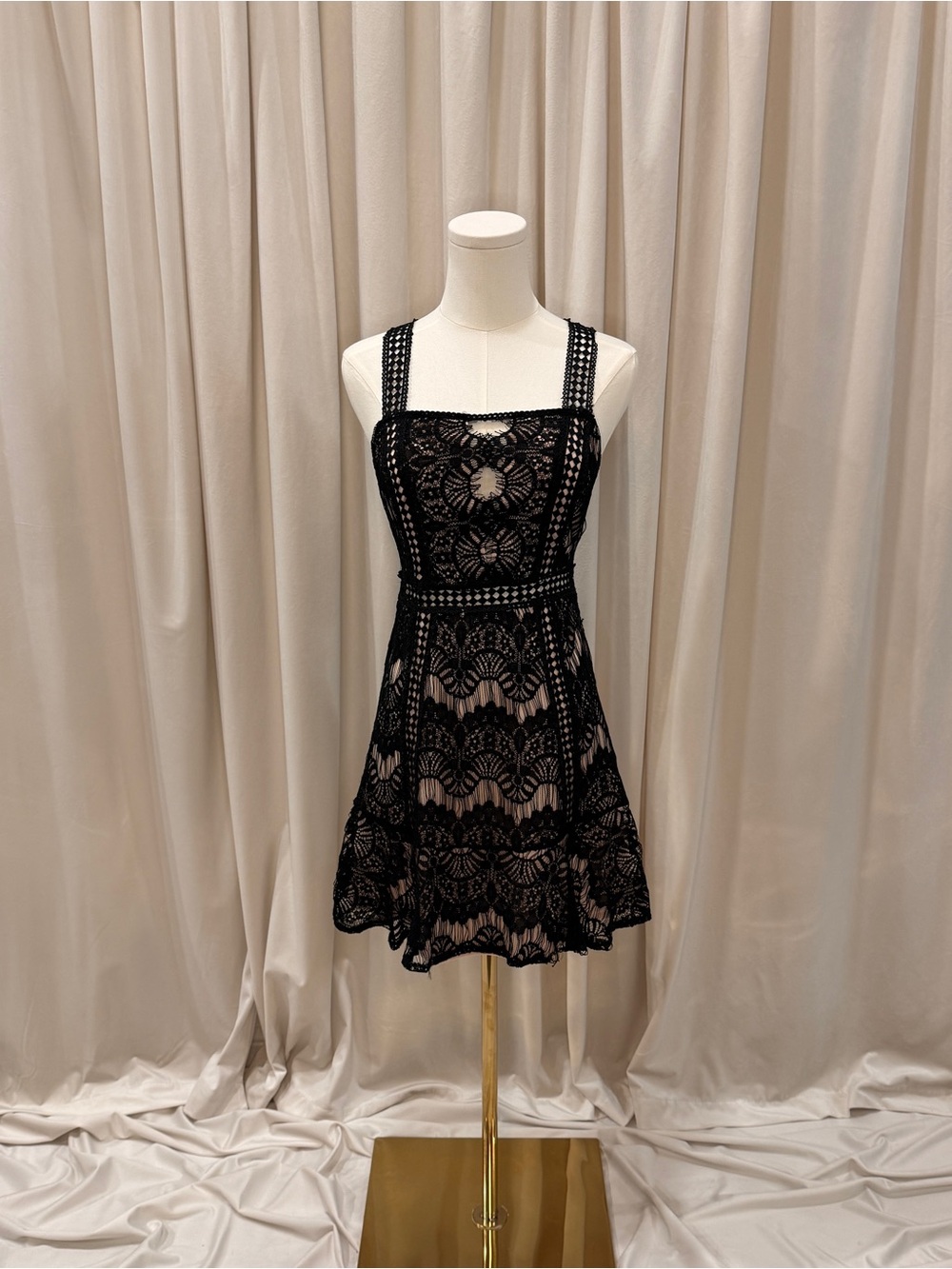 Lush Black Crochet Lace Fit & Flare Mini Dress Open Back Size S